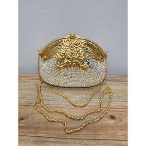 Vintage Hand Beaded Miriam Marshall Sequin and Hold Evening Clutch Gold Chain